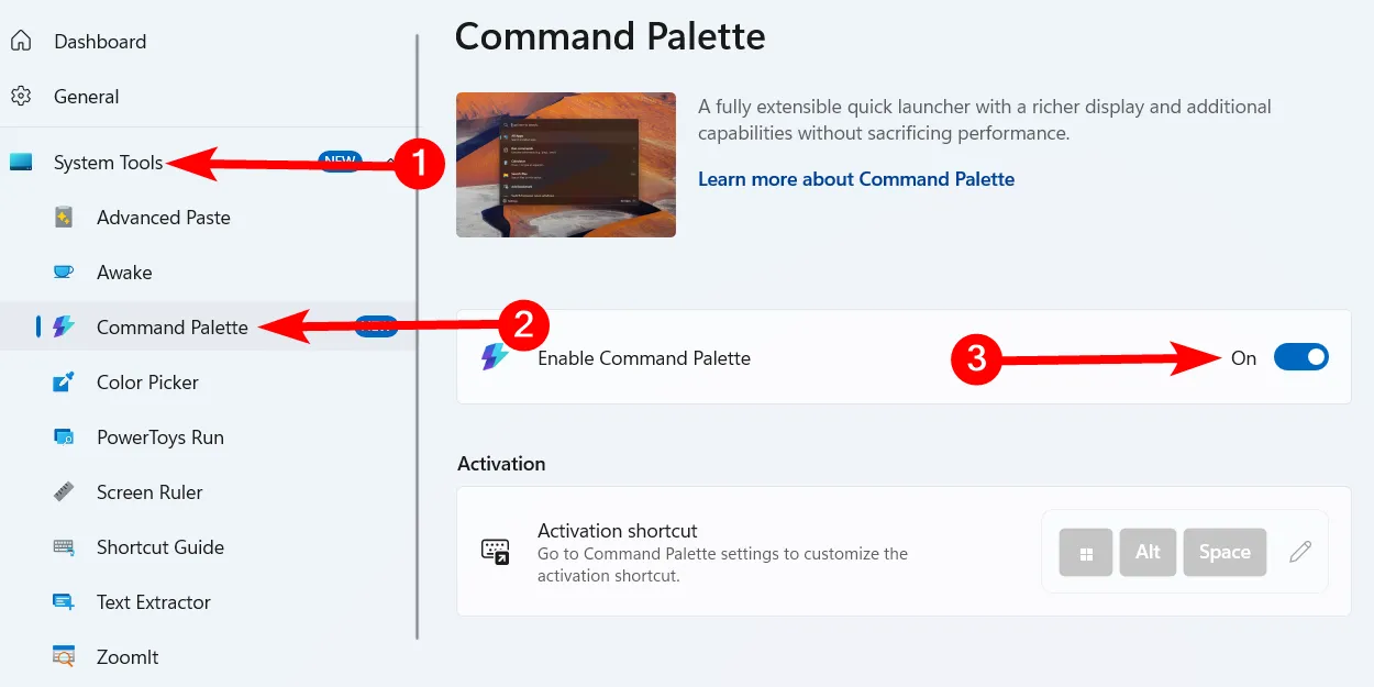 Giao diện cài đặt PowerToys hiển thị cách kích hoạt Command Palette trong phần System Tools.