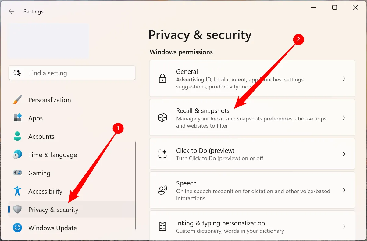 Giao diện cài đặt quyền riêng tư và bảo mật trên Windows 11, hiển thị tùy chọn 'Recall &amp; snapshots' để vô hiệu hóa tính năng AI Recall.