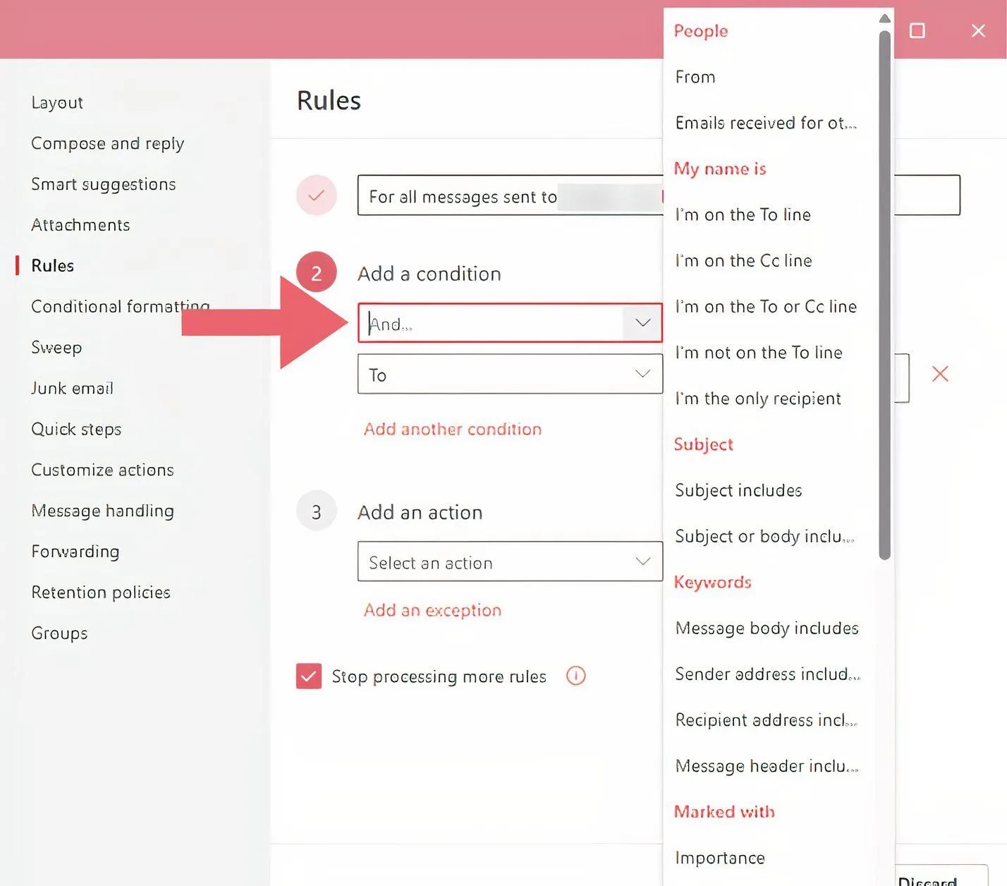 Giao diện chi tiết để thiết lập quy tắc trong Outlook mới, bao gồm tên quy tắc, điều kiện và hành động.