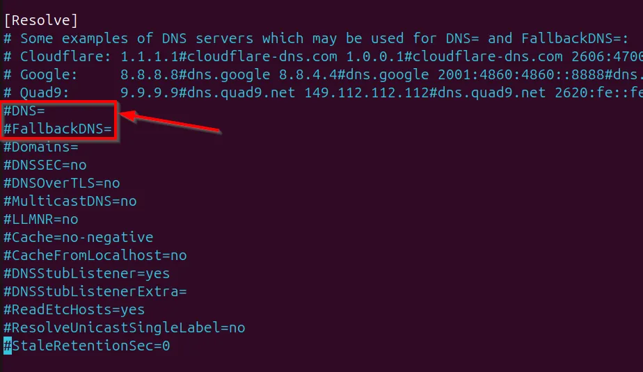 Giao diện chỉnh sửa file /etc/systemd/resolved.conf trong Ubuntu để cấu hình DNS