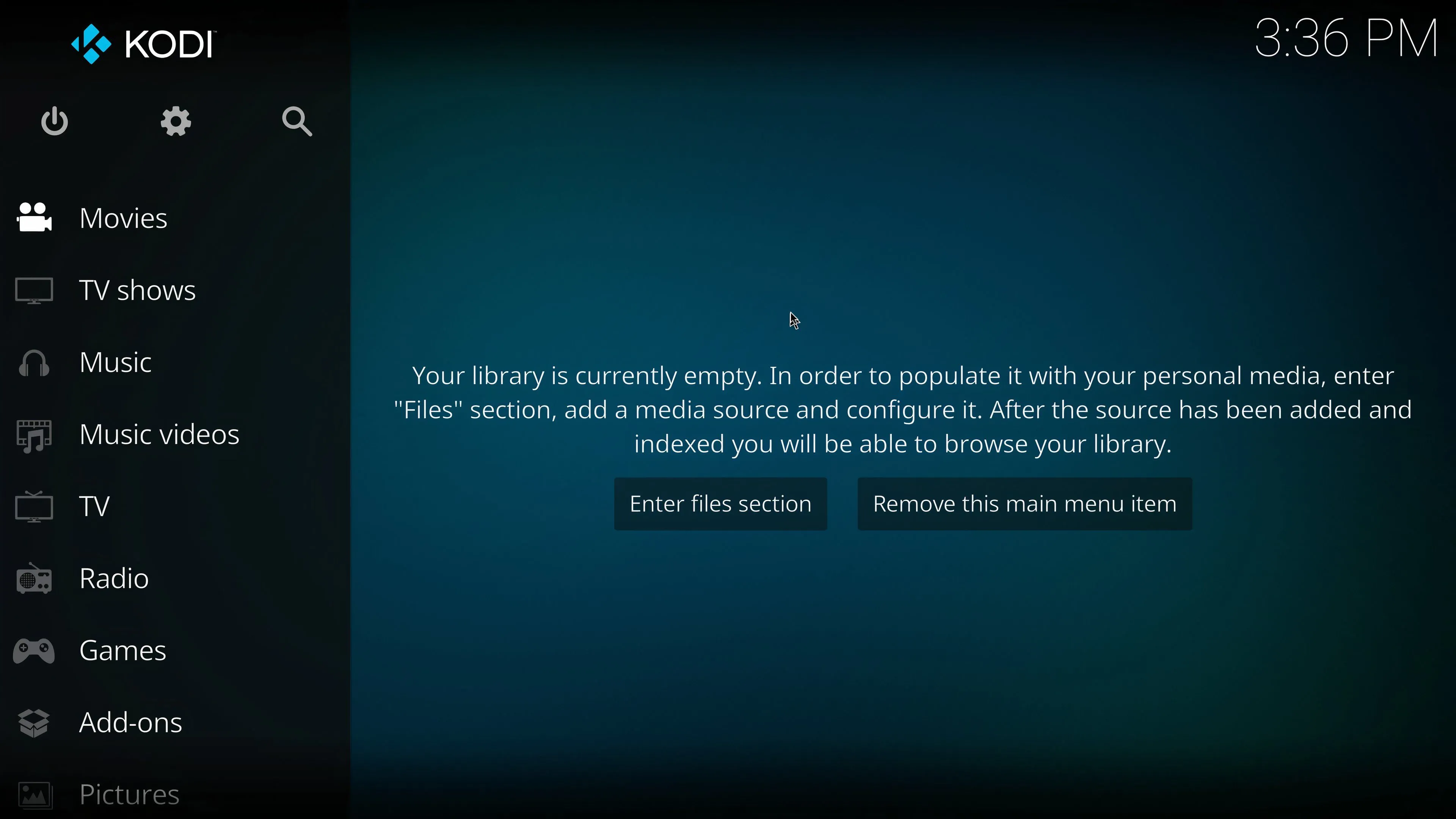 Giao diện cửa sổ chính của Kodi trước khi người dùng thêm các nội dung đa phương tiện