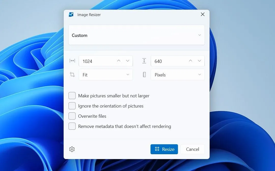Giao diện cửa sổ Image Resizer của PowerToys trên Windows 11 với các tùy chọn kích thước hình ảnh