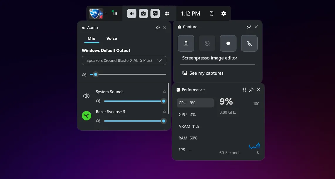 Giao diện Game Bar (Thanh Trò Chơi) trên Windows 11, tích hợp các công cụ ghi hình, âm thanh và chụp ảnh màn hình cho game thủ.