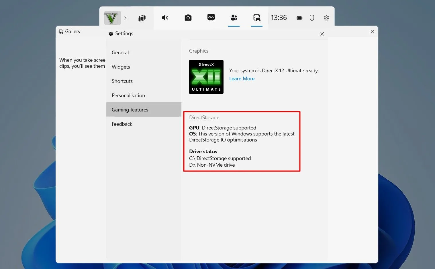 Giao diện Game Bar trên Windows 11 hiển thị mục &quot;Gaming Features&quot; để kiểm tra DirectStorage
