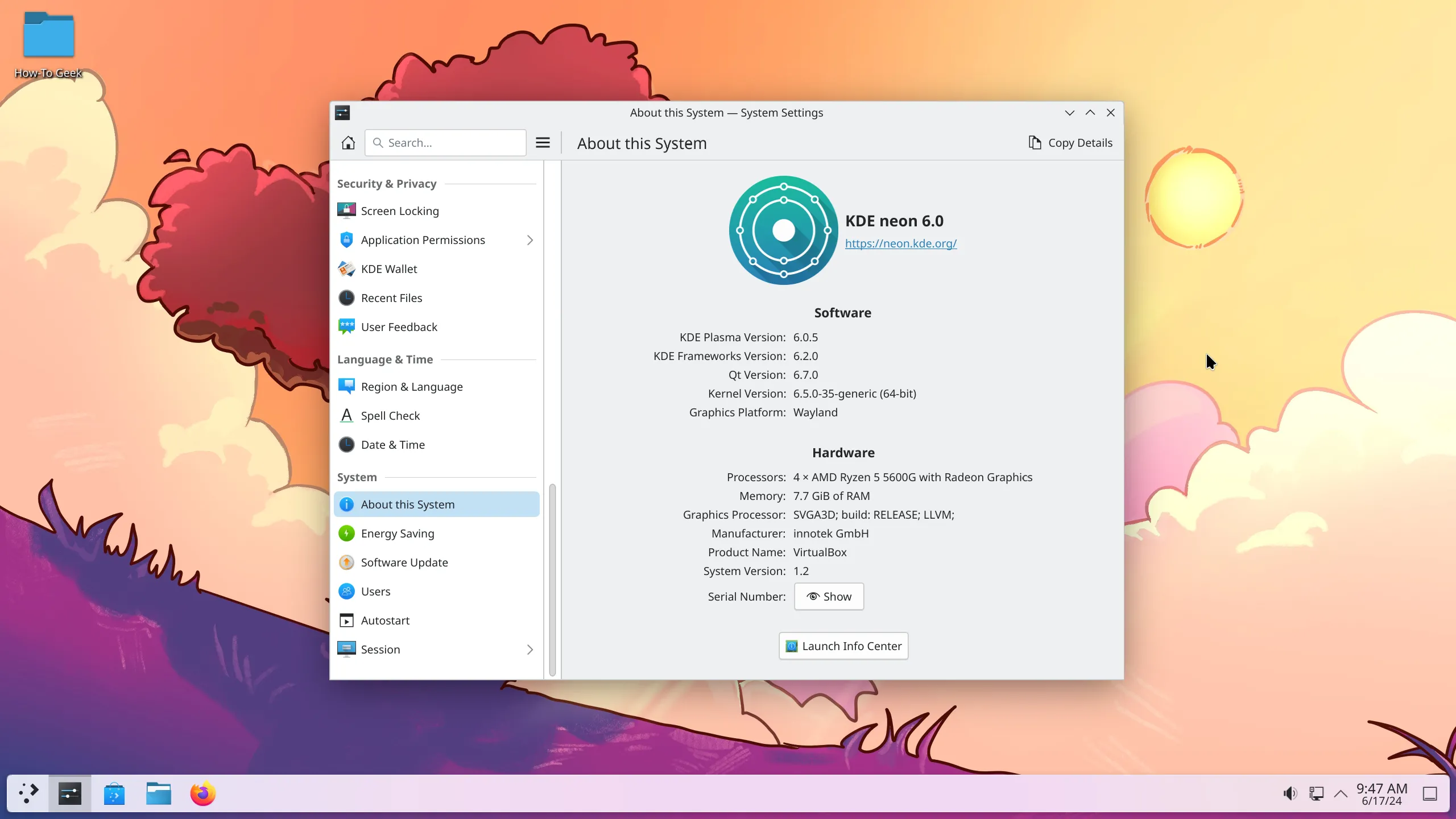 Giao diện KDE Plasma 6 trên hệ điều hành KDE Neon, đại diện cho môi trường desktop của Linux.
