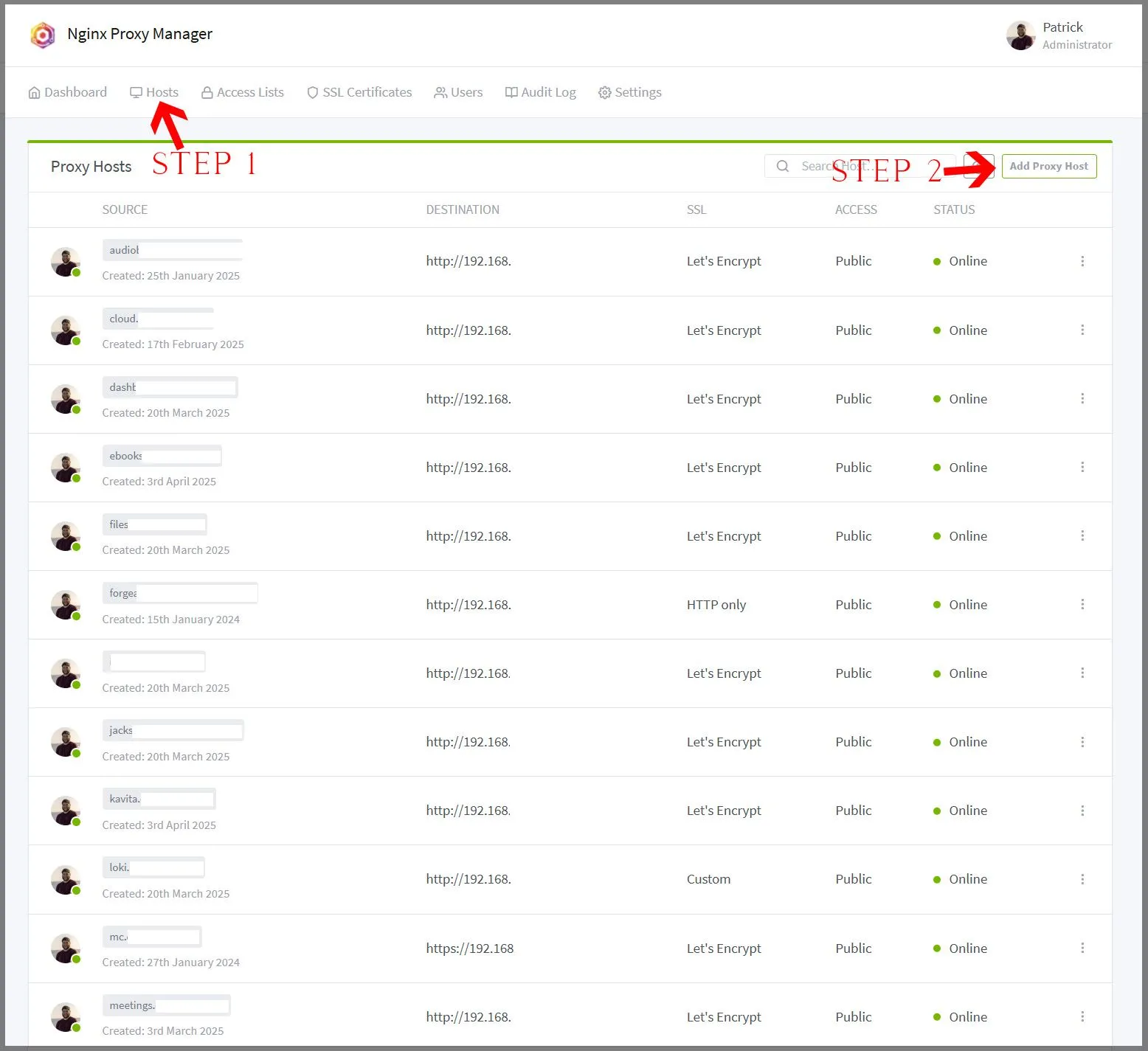 Giao diện khởi động của Nginx Proxy Manager, hướng dẫn các bước thiết lập reverse proxy cho website tại nhà.