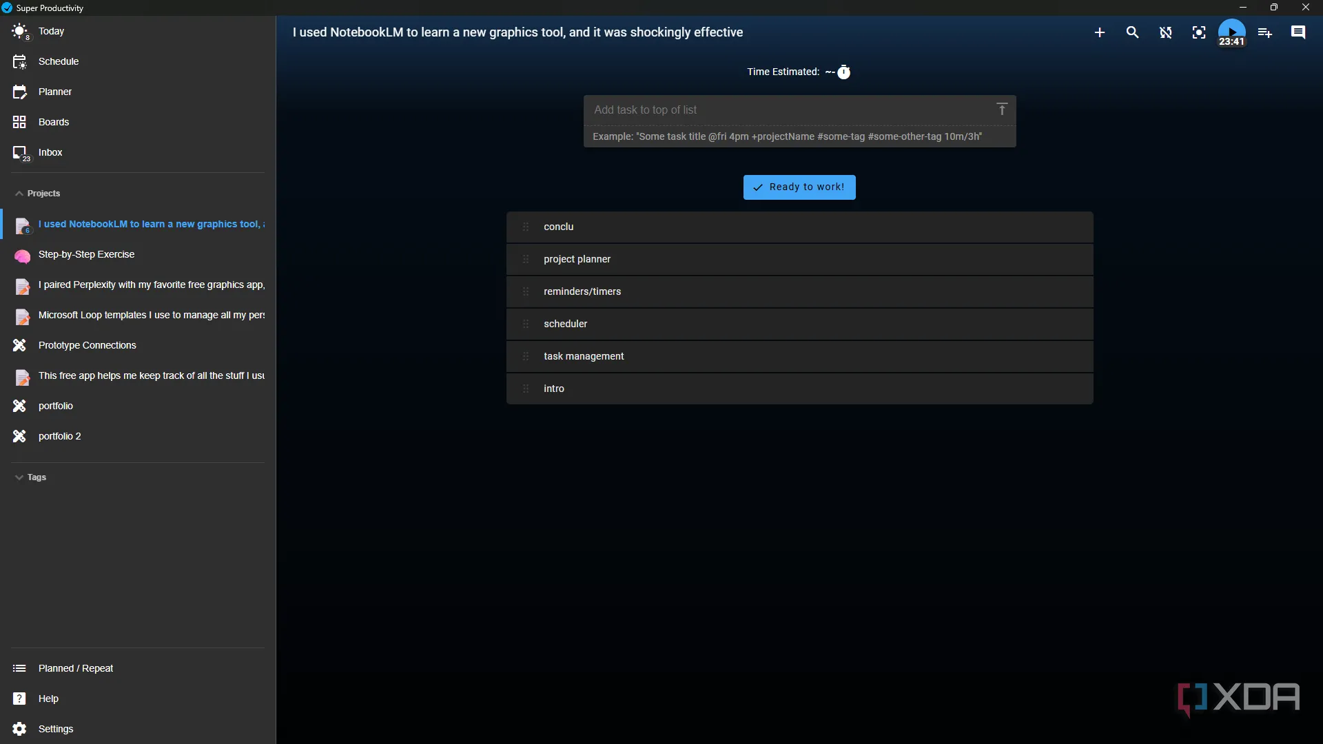 Giao diện quản lý dự án trong Super Productivity, hiển thị các tác vụ được tạo cho một dự án cụ thể
