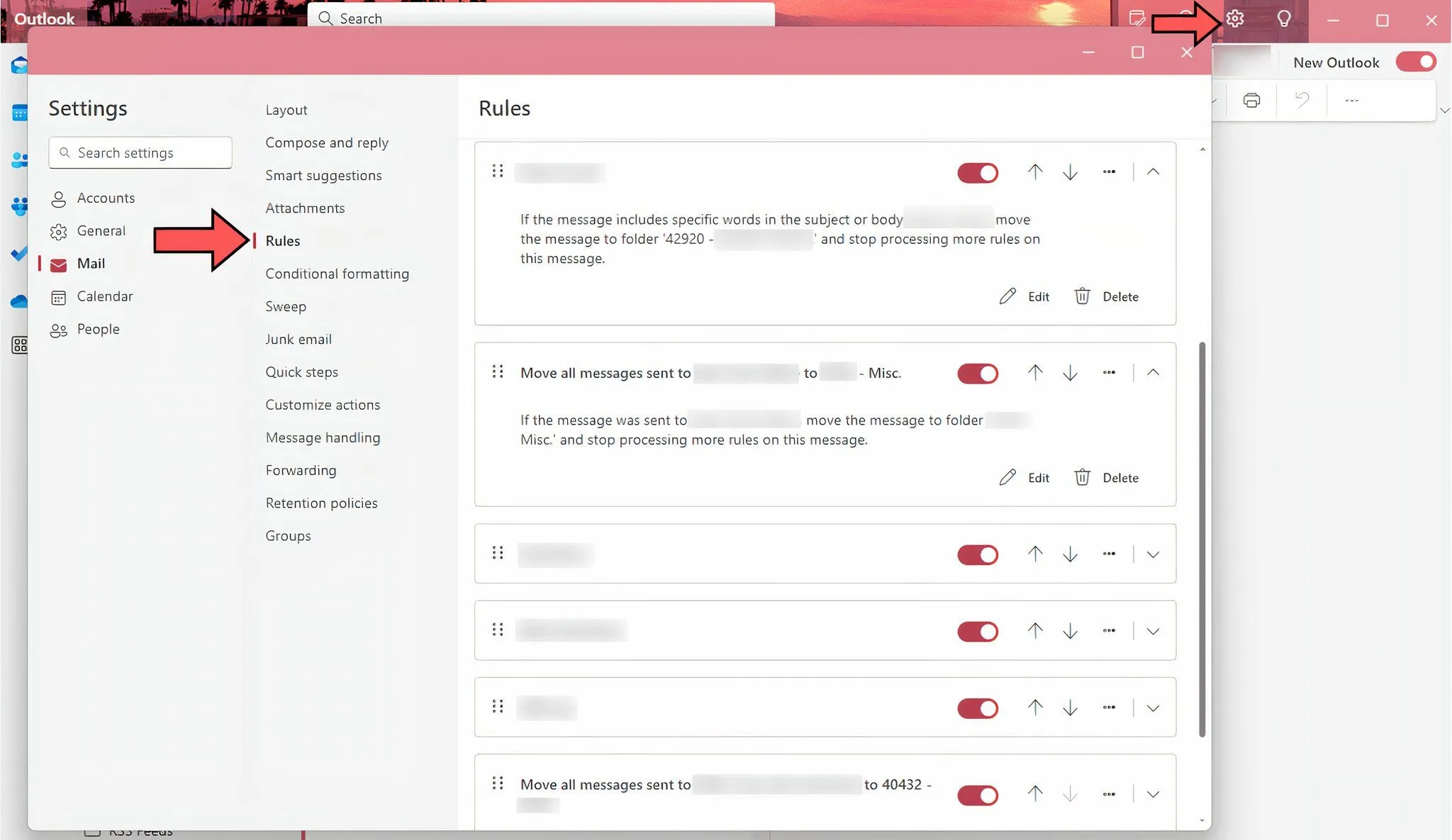 Giao diện &quot;Quy tắc&quot; trong Outlook mới, liệt kê và cho phép quản lý tất cả các quy tắc đã tạo.