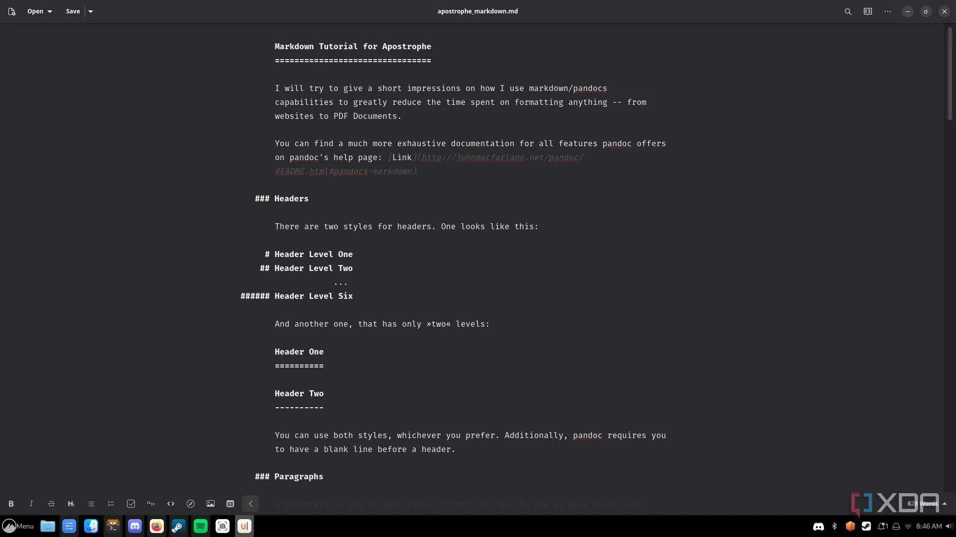 Giao diện sạch của trình soạn thảo Markdown Apostrophe với tài liệu mẫu trên Linux