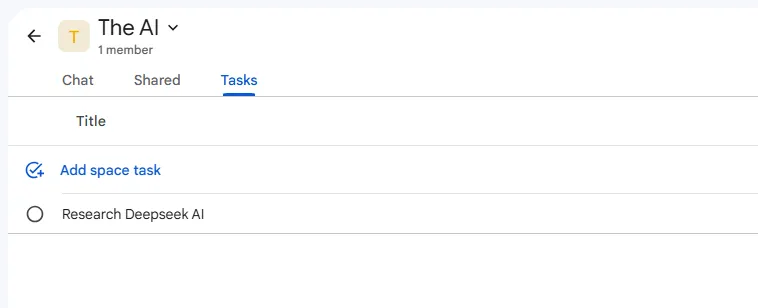 Giao diện tab Nhiệm vụ trong Google Chat Spaces, cho phép tạo và giao việc nhóm.