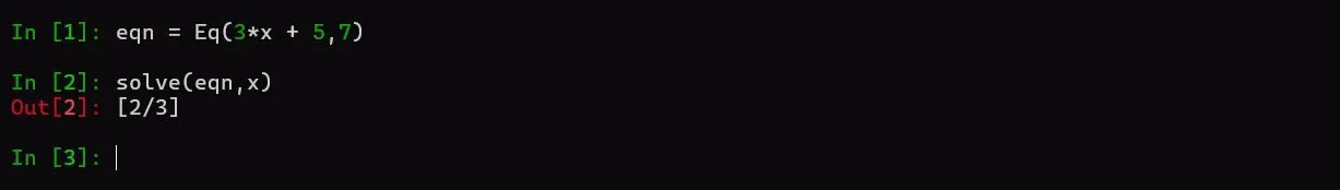 Giao diện terminal hiển thị việc giải phương trình đại số đơn giản bằng thư viện SymPy trong Python.