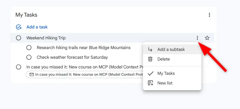 Giao diện thêm nhiệm vụ con (subtask) trong Google Tasks với ngày đến hạn.