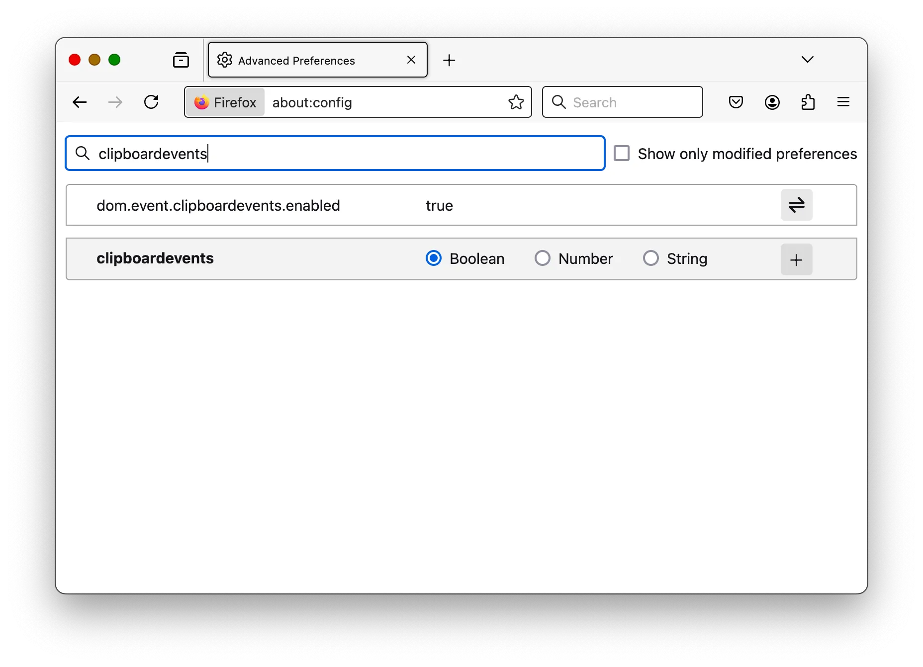 Giao diện trình chỉnh sửa cấu hình nâng cao Firefox hiển thị các tùy chọn và giá trị