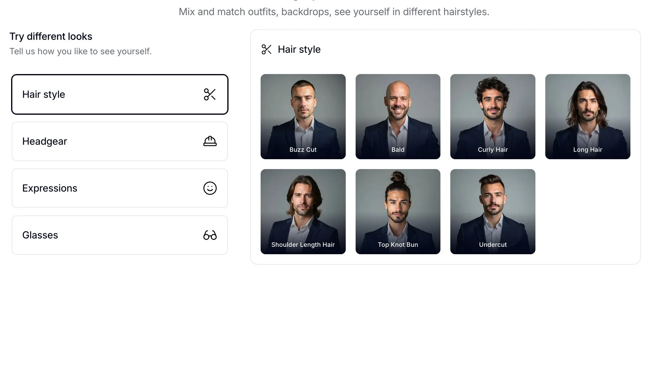 Giao diện tùy chọn tùy chỉnh ảnh chân dung trên InstaHeadshots, cho phép thay đổi kiểu tóc, biểu cảm, kính và nhiều loại phông nền