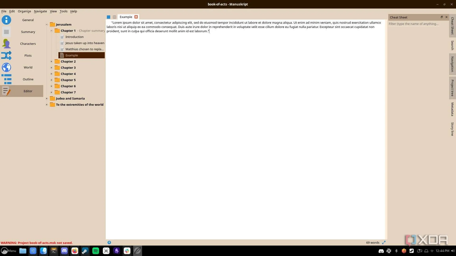 Giao diện ứng dụng Manuskript với cấu trúc dự án và tài liệu trên Linux