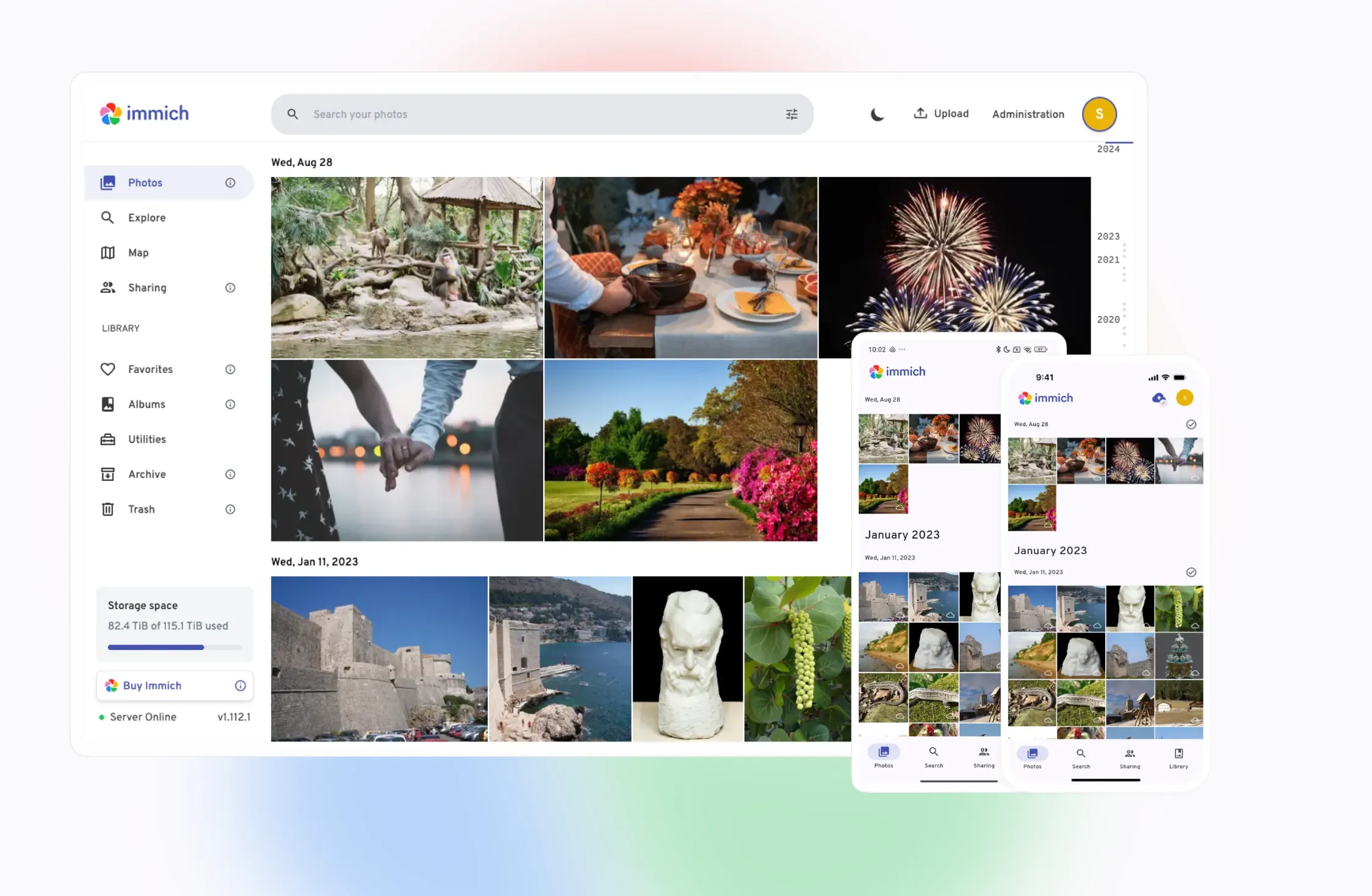 Giao diện ứng dụng web Immich để tự host kho ảnh, hoạt động trên cả thiết bị di động và máy tính