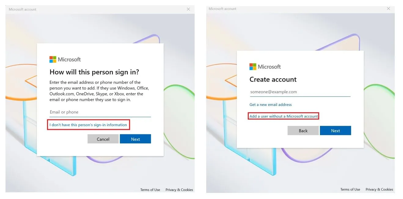 Hai màn hình cạnh nhau, hướng dẫn các bước tạo tài khoản cục bộ mới trên Windows 11