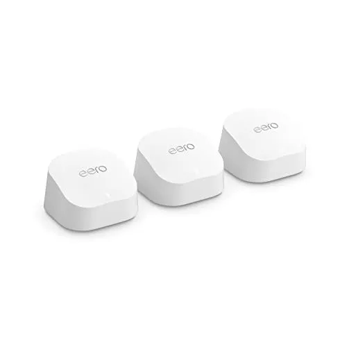 Hệ thống Wi-Fi Mesh Eero 6+ (gói 3 thiết bị) màu trắng, mang đến vùng phủ sóng rộng khắp và kết nối internet ổn định
