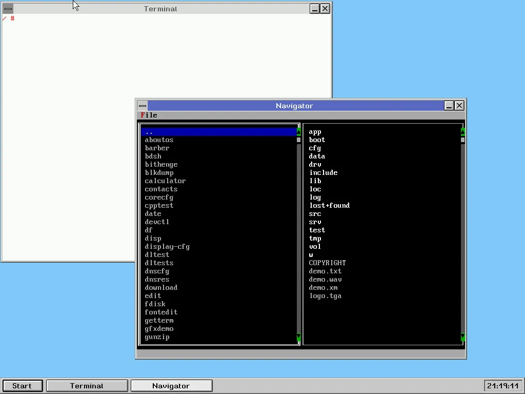 HelenOS với các cửa sổ Navigator và shell đang mở
