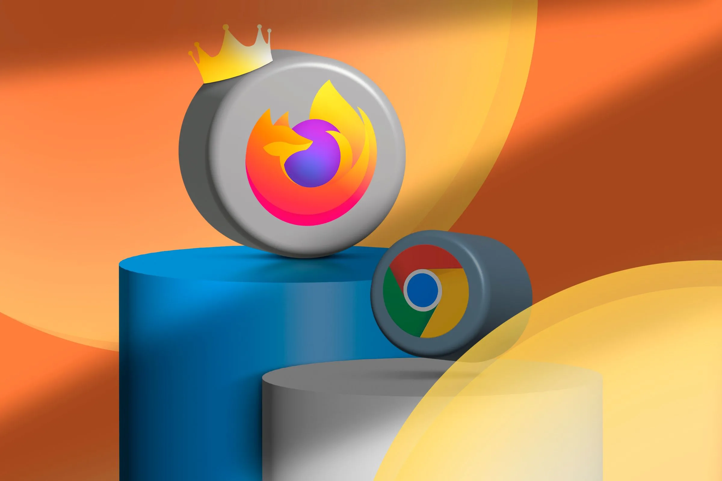 Hình ảnh bục vinh quang với biểu tượng Firefox đội vương miện và Chrome.