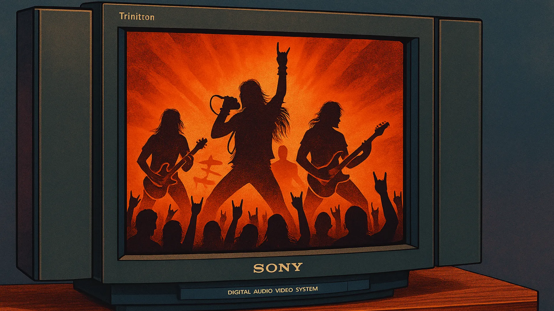 Hình ảnh được xử lý bằng AI của một chiếc Sony Trinitron lớn với loa stereo, nhấn mạnh chất lượng âm thanh của TV CRT
