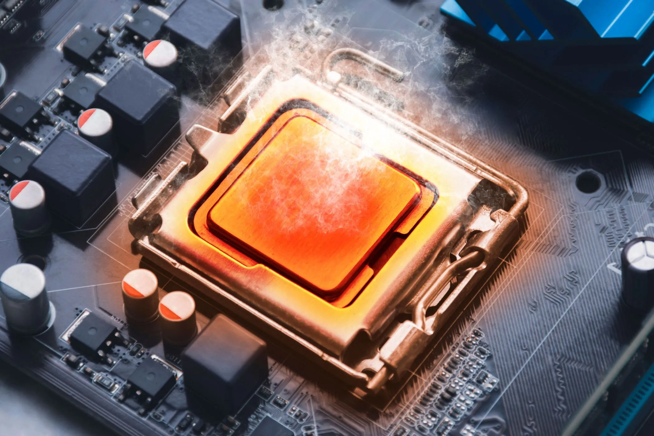 Hình ảnh minh họa bộ xử lý CPU nóng đỏ bốc khói trên bo mạch chủ máy tính