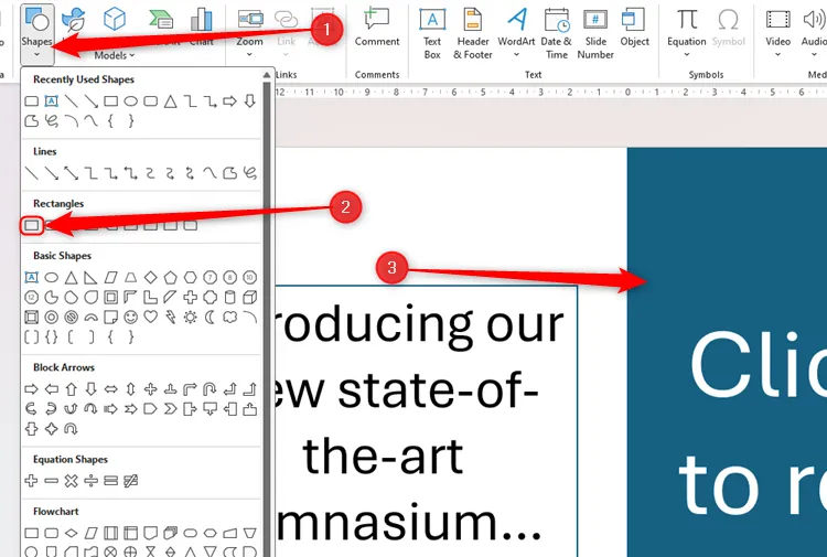 Hình chữ nhật đã được thêm vào slide PowerPoint qua menu Shapes, được định vị lại với văn bản hướng dẫn