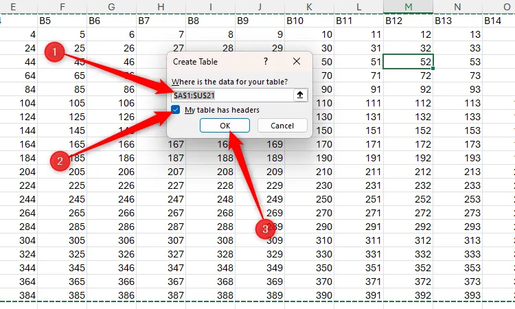 Hộp thoại &quot;Create Table&quot; trong Excel, hiển thị tùy chọn &quot;My Table Has Headers&quot; và nút OK, quan trọng cho việc định dạng bảng dễ tiếp cận.