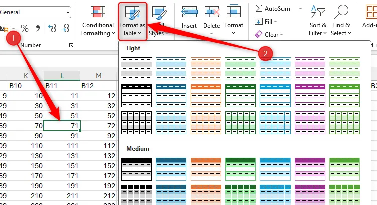 Hộp thoại &quot;Format As Table&quot; mở rộng trong Excel, hướng dẫn cách định dạng bảng cho khả năng tiếp cận.