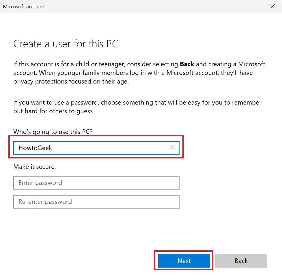Hộp thoại &quot;Tạo người dùng cho PC này&quot; trong Windows 11