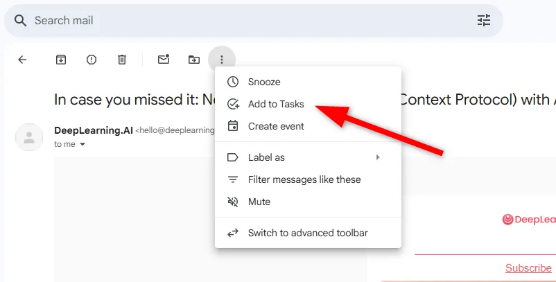 Hướng dẫn từng bước chuyển đổi email thành nhiệm vụ trong Google Tasks qua Gmail.