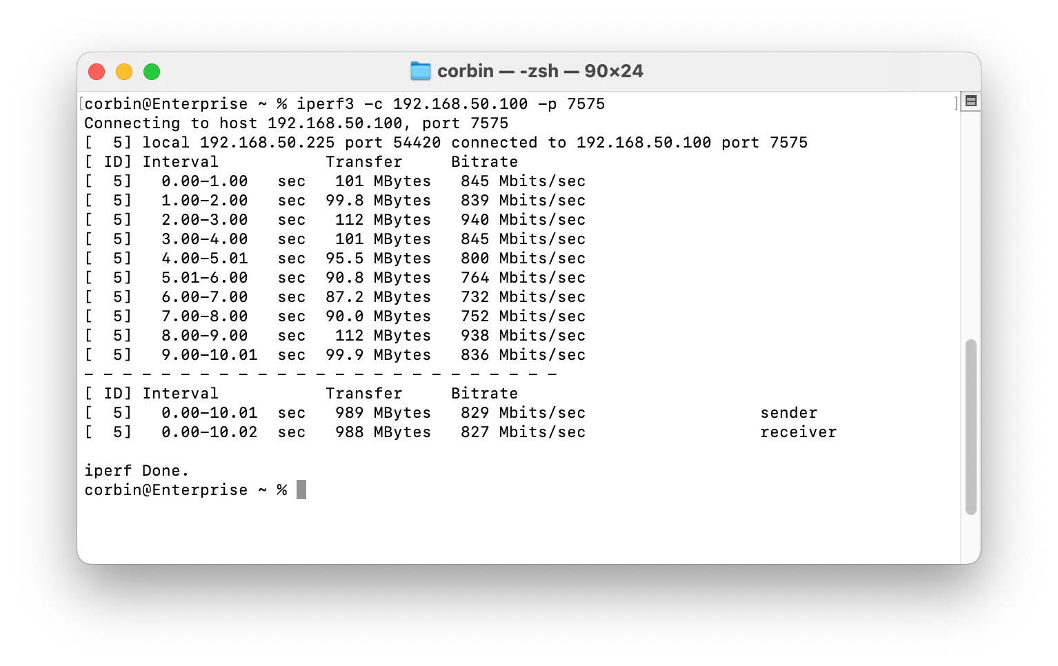 Kết quả kiểm tra Iperf3 trong Terminal trên macOS.
