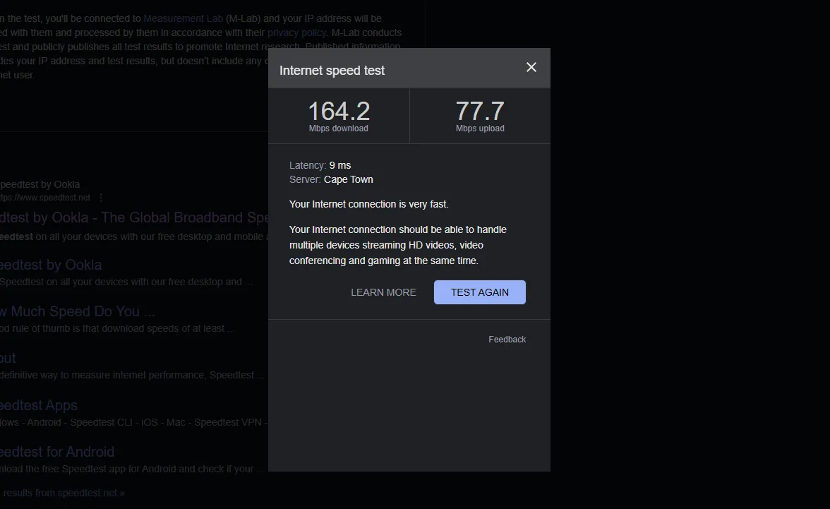 Kết quả test tốc độ internet qua công cụ tích hợp của Google
