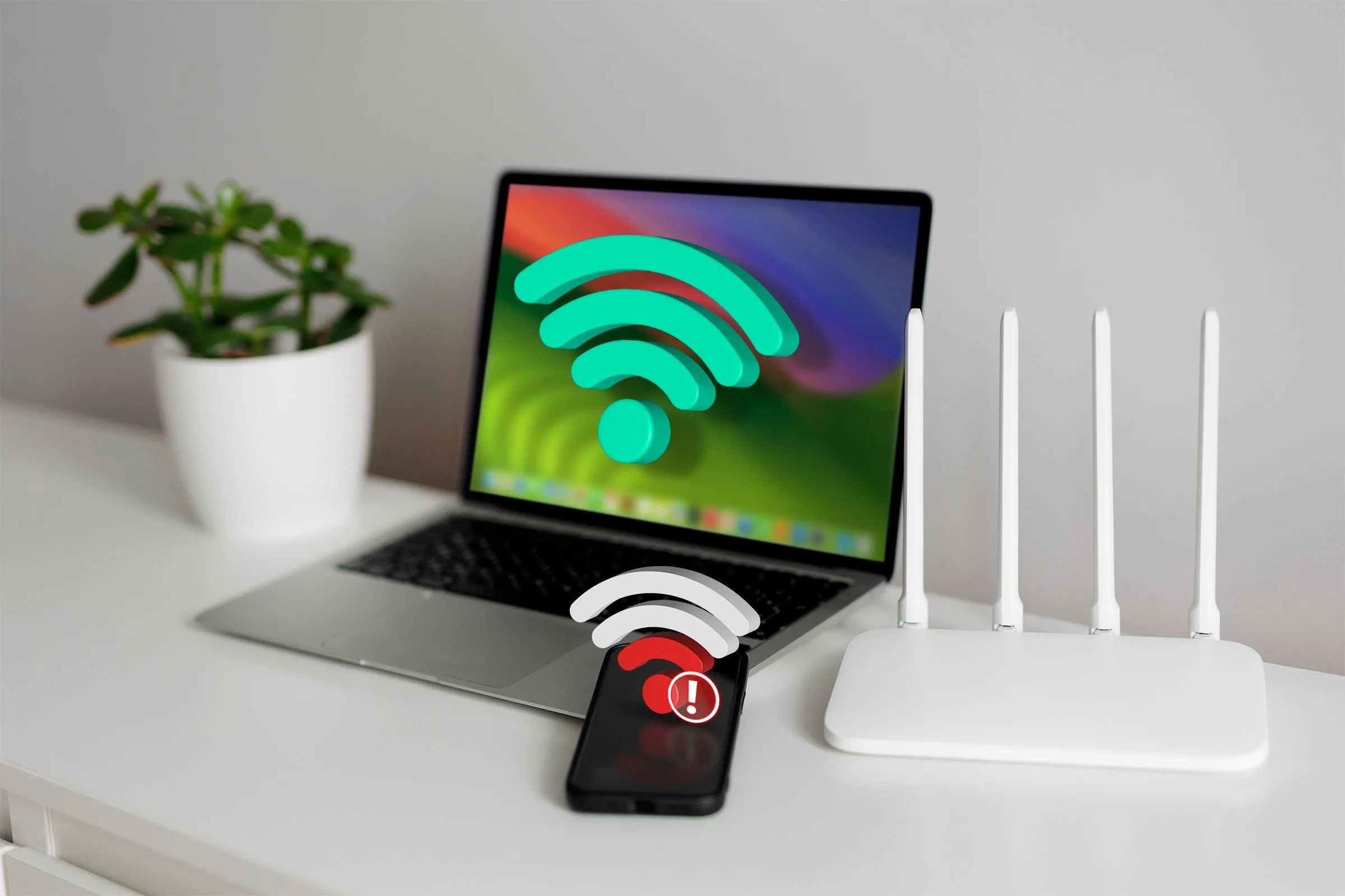 Laptop có tín hiệu Wi-Fi mạnh, điện thoại có tín hiệu yếu và router cạnh bên