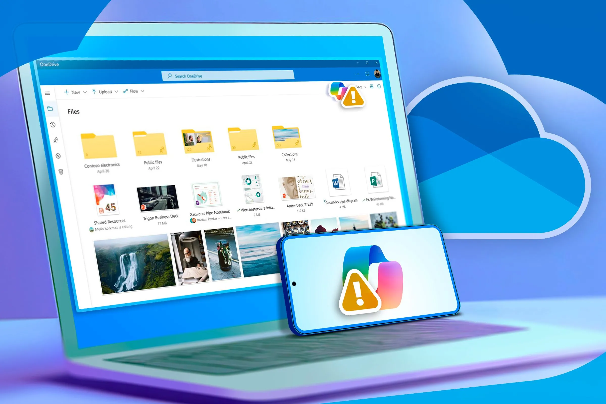 Laptop hiển thị OneDrive và điện thoại với biểu tượng Copilot cùng dấu hiệu cảnh báo, gợi ý các lưu ý khi sử dụng Copilot AI.
