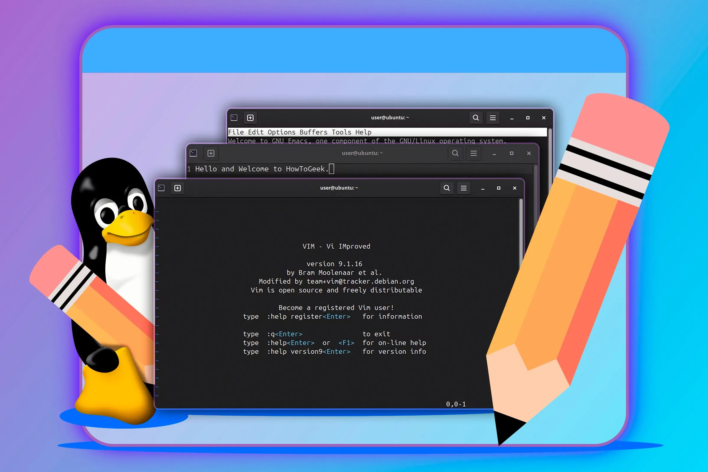 Linh vật Tux của Linux phía sau ba trình soạn thảo văn bản, tượng trưng cho sự lựa chọn đa dạng các công cụ chỉnh sửa trên Linux.