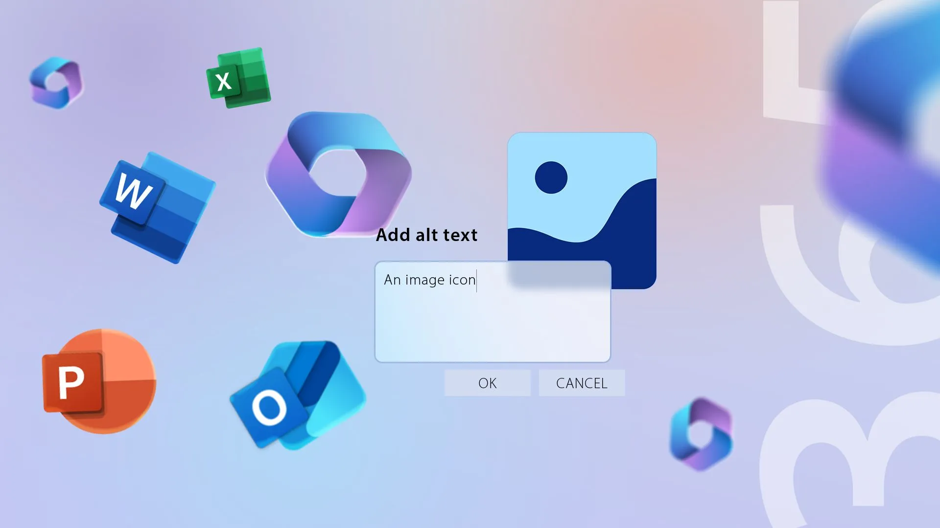 Logo Microsoft 365 cùng các ứng dụng, gợi ý tầm quan trọng của việc thêm Alt Text để tối ưu khả năng tiếp cận trong các ứng dụng văn phòng.