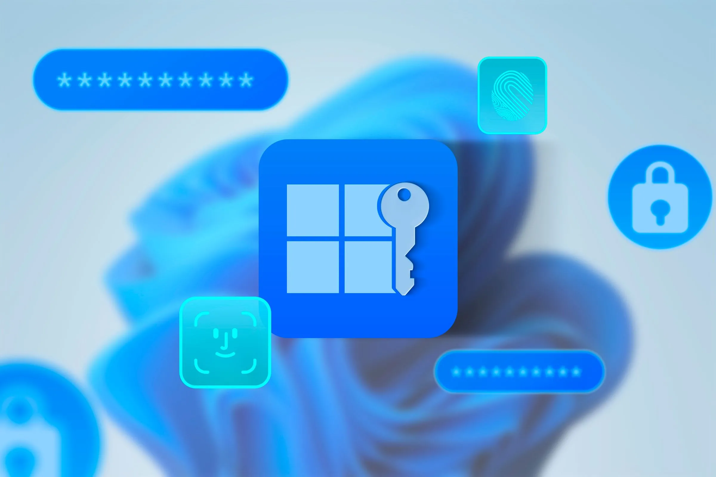 Logo Windows 11 kèm biểu tượng chìa khóa và các icon bảo mật, mật khẩu, nhận diện khuôn mặt, minh họa tính năng Passkey thay thế mật khẩu.