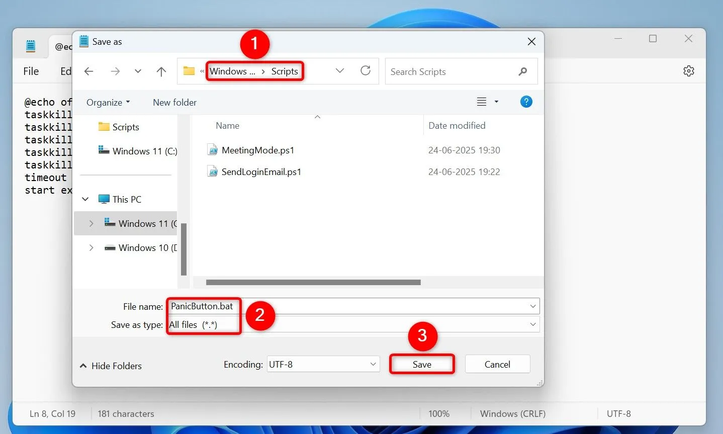 Lưu script Batch đóng ứng dụng dưới dạng file .bat trong Notepad