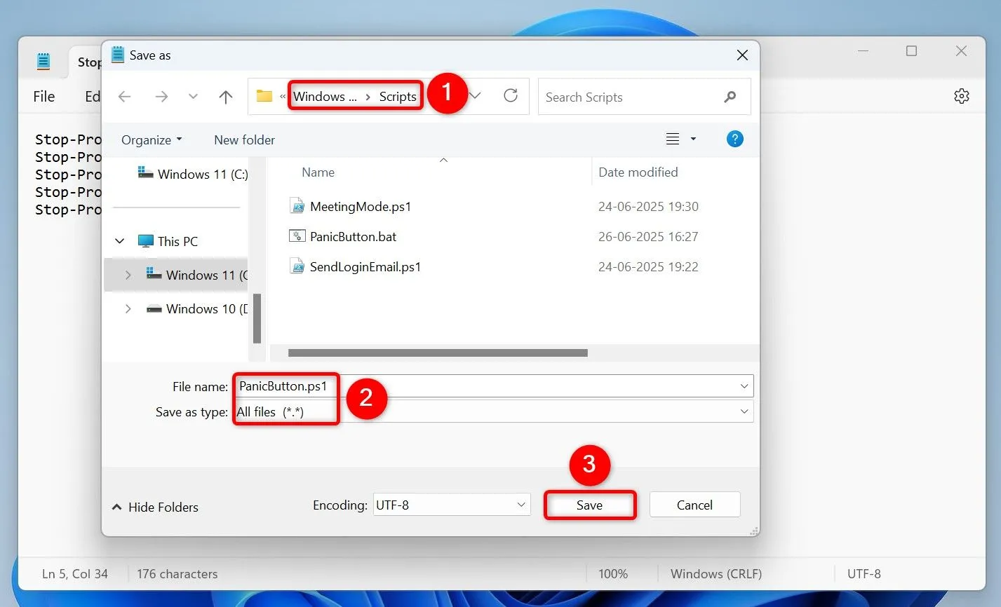 Lưu script PowerShell đóng ứng dụng dưới dạng file .ps1 trong Notepad