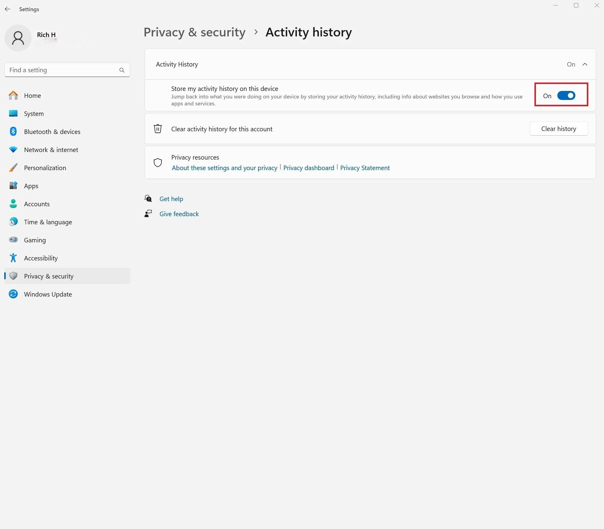 Màn hình cài đặt lịch sử hoạt động trong Windows 11