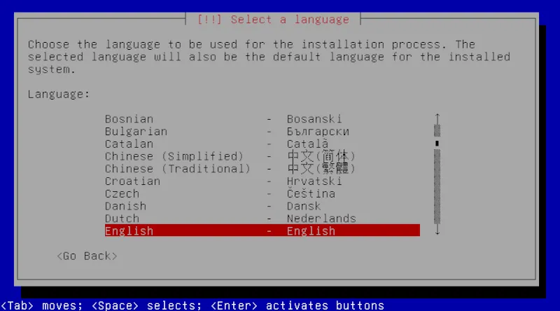 Màn hình chọn ngôn ngữ cài đặt Debian GNU/Hurd