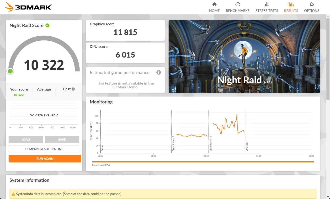 Màn hình hiển thị kết quả benchmark 3DMark Night Raid với điểm số 10322, minh họa hiệu năng đồ họa trước khi nâng cấp RAM.