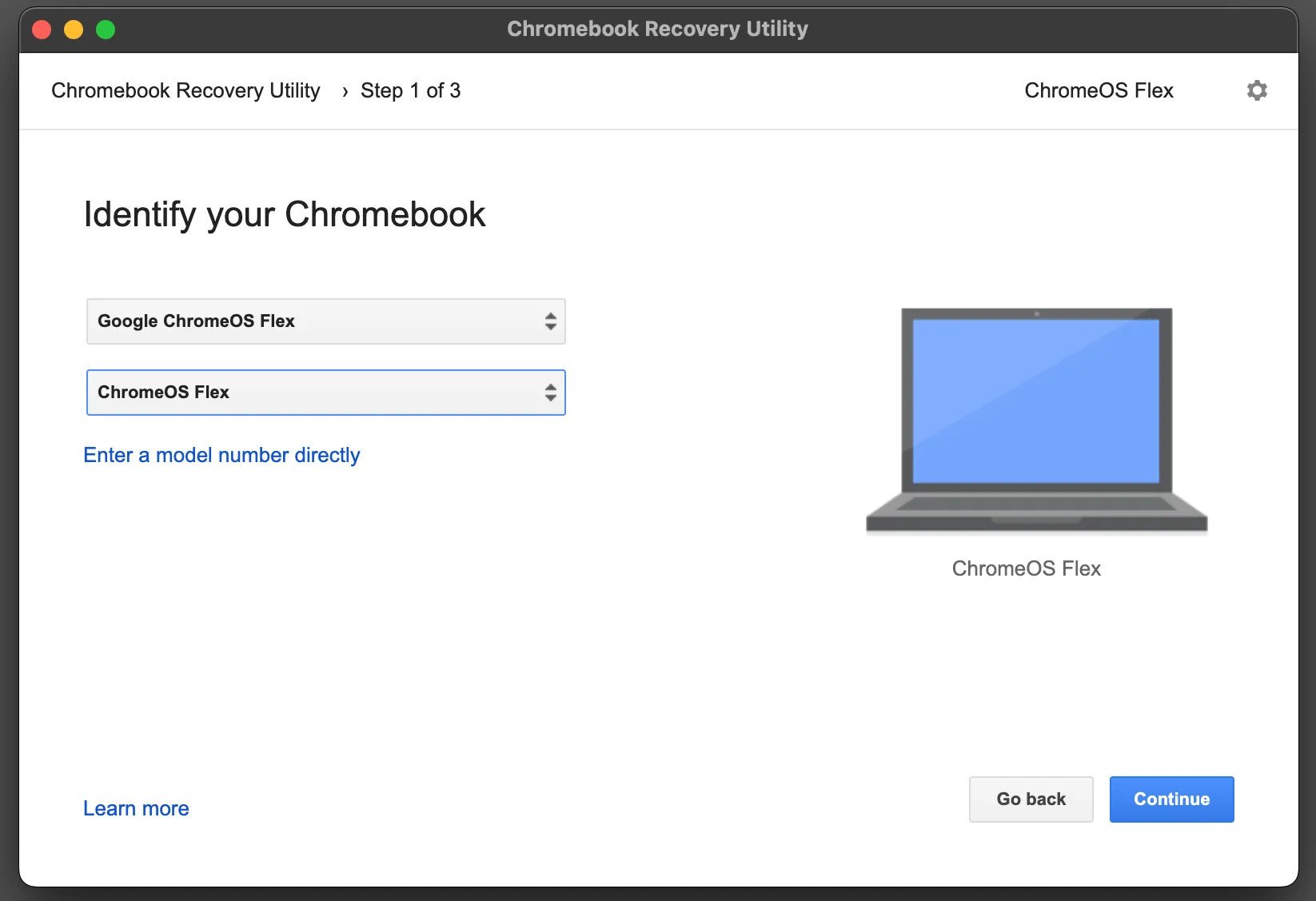 Màn hình &quot;Identify Your Chromebook&quot; trong quá trình thiết lập ChromeOS Flex, nơi người dùng chọn &quot;ChromeOS Flex&quot; từ danh sách để tiếp tục cài đặt.