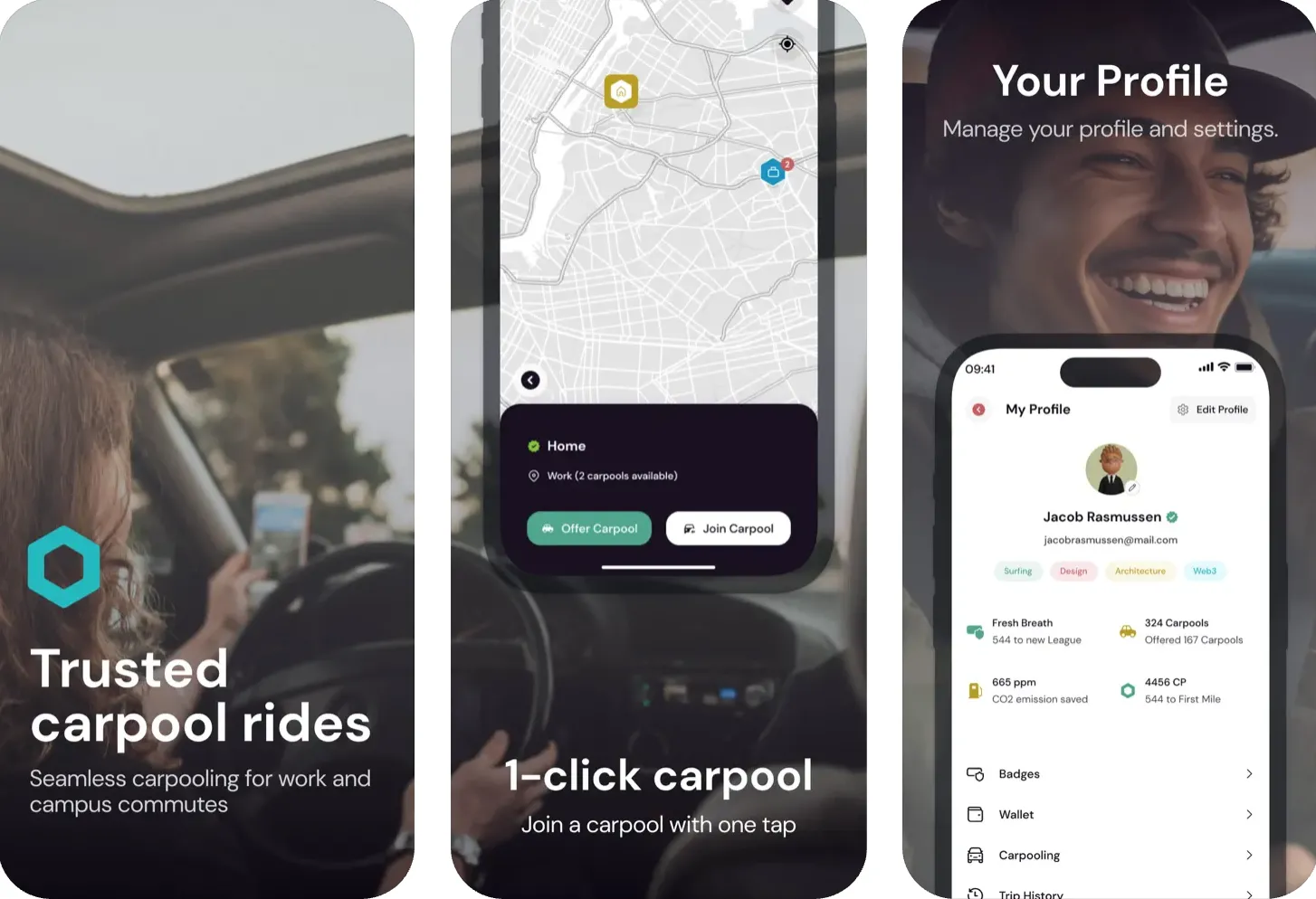 Màn hình ứng dụng The Carbon Games minh họa tính năng đi chung xe, chia sẻ chi phí và theo dõi lượng khí thải giảm được.