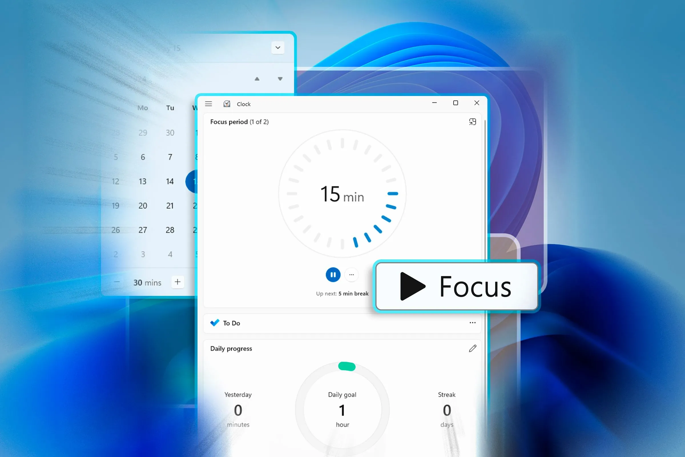 Máy tính Windows 11 hiển thị ứng dụng Đồng hồ trong chế độ Focus Session, bao gồm bộ đếm thời gian Pomodoro để tăng năng suất.