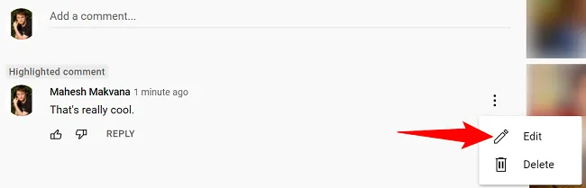 Menu ba dấu chấm để chỉnh sửa bình luận YouTube trên trang video