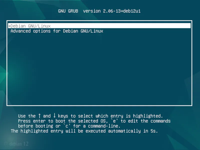Menu khởi động GRUB của Debian, hiển thị các tùy chọn boot
