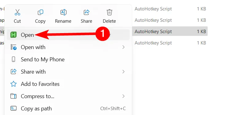 Menu ngữ cảnh khi click chuột phải vào script AutoHotkey để mở hoặc chỉnh sửa