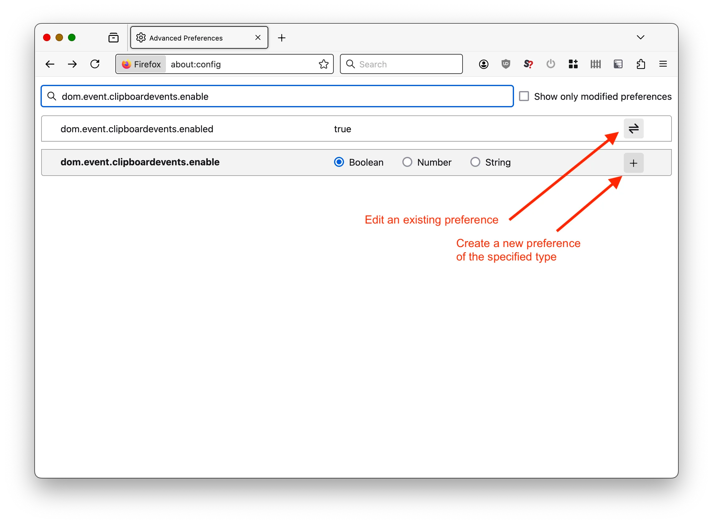 Minh họa cách chỉnh sửa giá trị Boolean trong about config Firefox để tăng bảo mật
